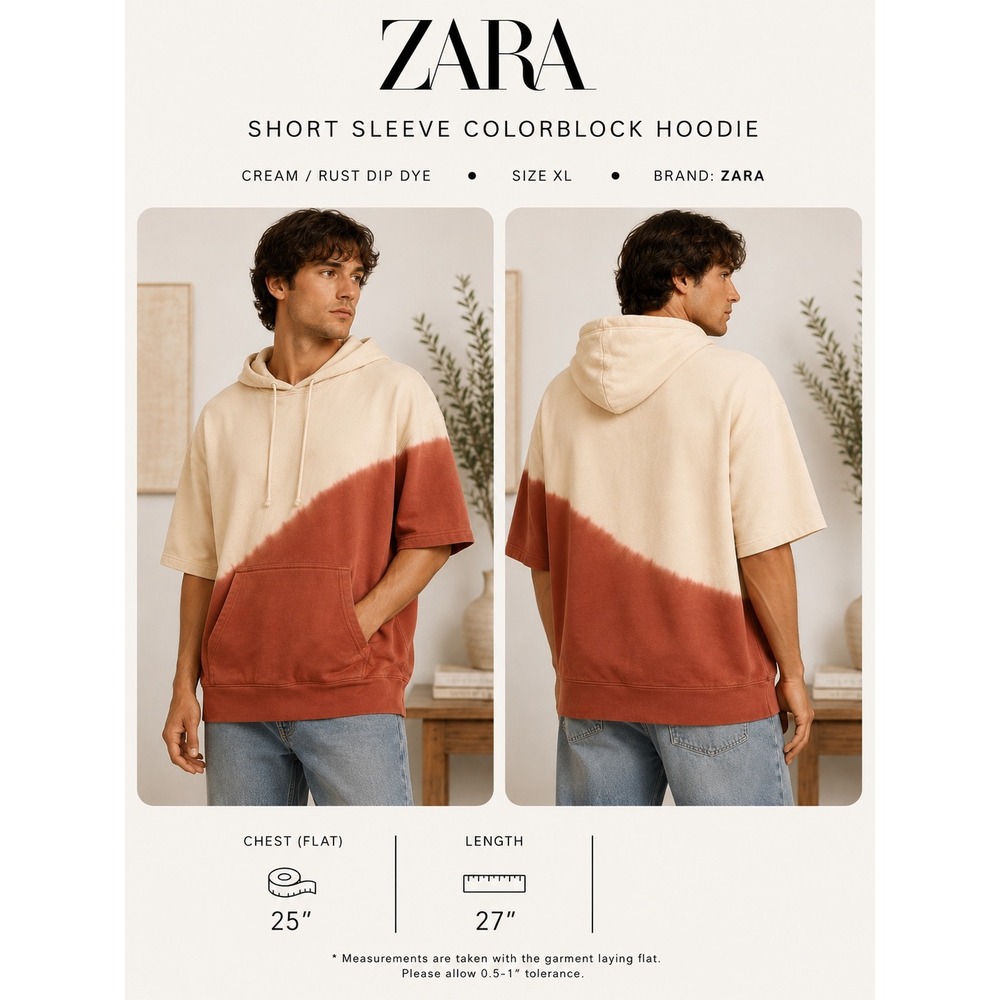 Zara Mens XL Short Sleeve Hoodie Cream Orange Dip Dye Colorblock Pullover EUC